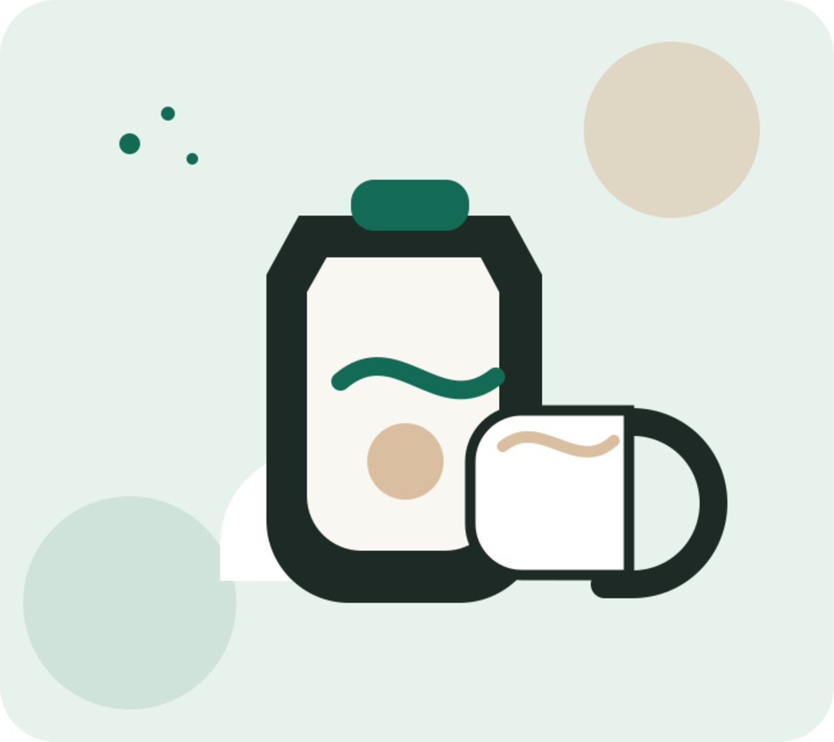 Illustration eines Milchaufschäumers neben einer Tasse mit Milchschaum