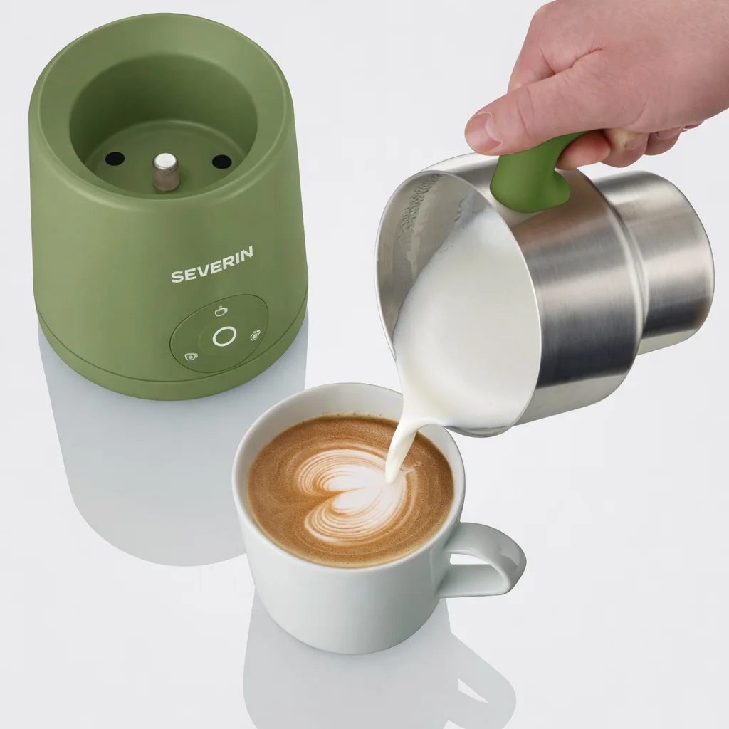 SEVERIN Spuma Matcha SM 3598 beim Eingießen von Milchschaum in einen Cappuccino